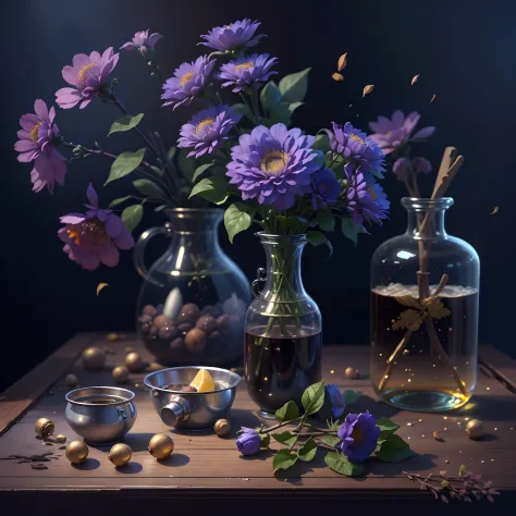best qualtiy，tmasterpiece，超高分辨率，（photograph realistic：1.4），ultra-realistic realism，On the table， [Blue Higan flowers bloom in a ...