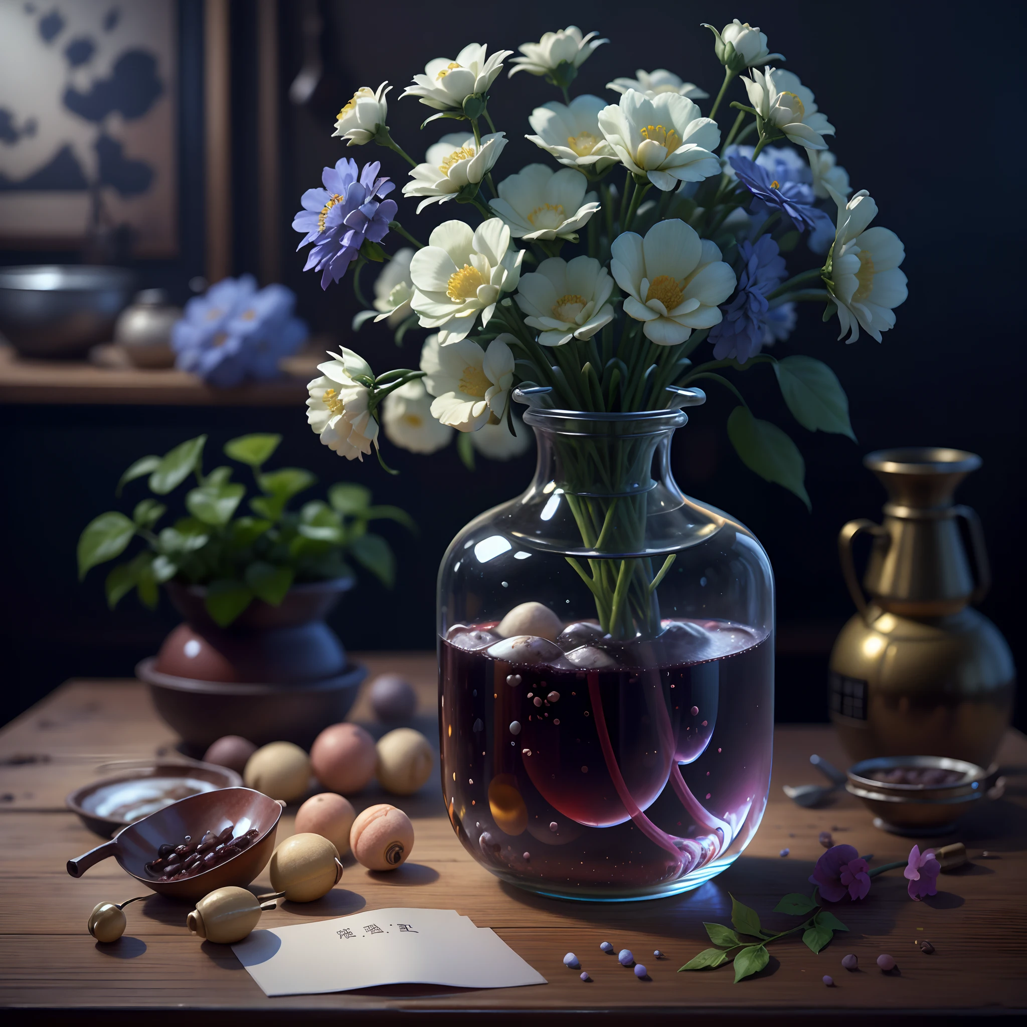 best qualtiy，tmasterpiece，超高分辨率，（photograph realistic：1.4），ultra-realistic realism，On the table， [Blue Higan flowers bloom in a vase]，Dieselpunk AI kitchen