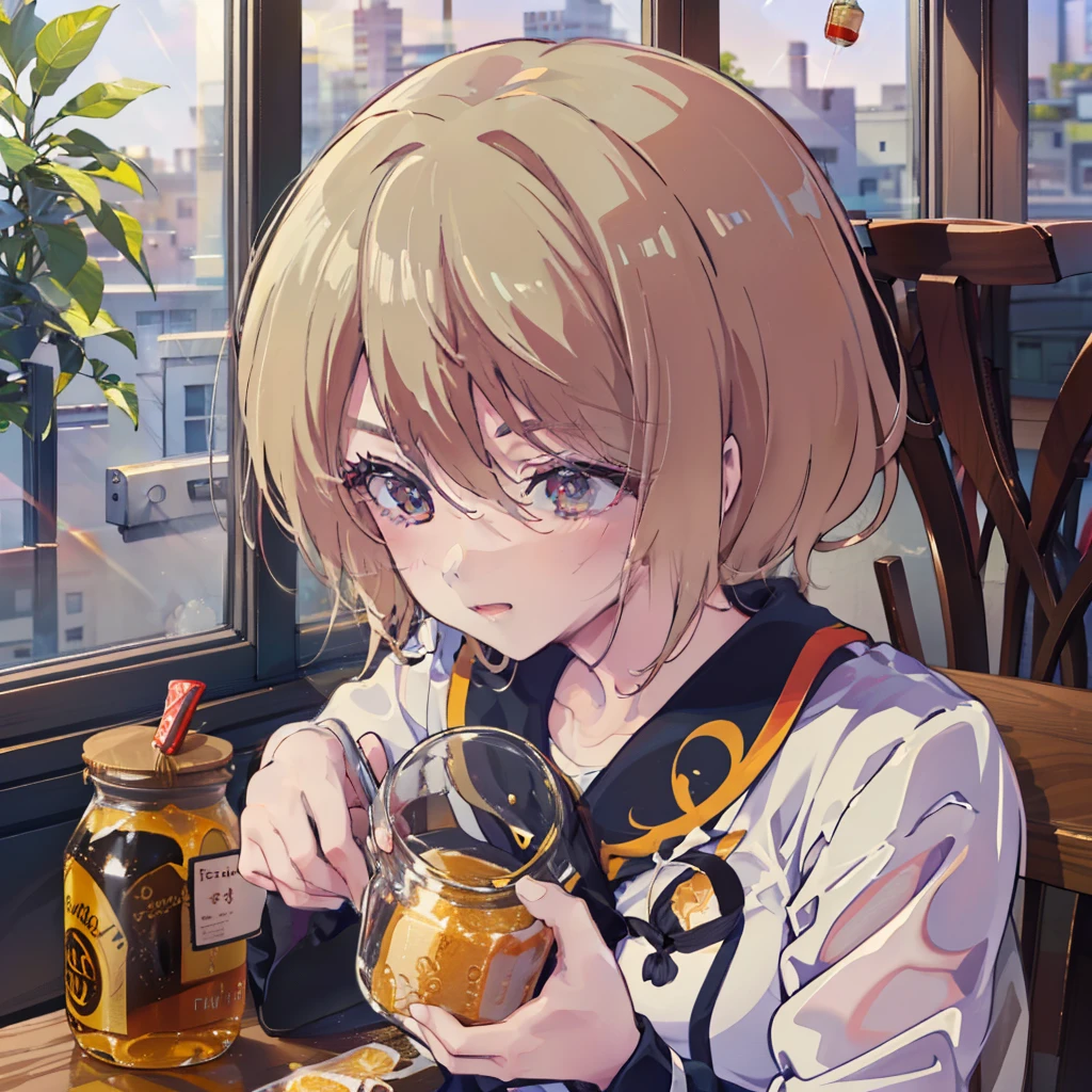 Morning Morning Sun Junko, So the picture depicts a girl squeezing a jar of honey in her hand, honey spreading over her hands and drops of honey visible on her clothes. 

This action takes place in a modern cafe at a table, in the background is the usual brown interior of the cafe and a small ray of sunlight is pouring out of the window.