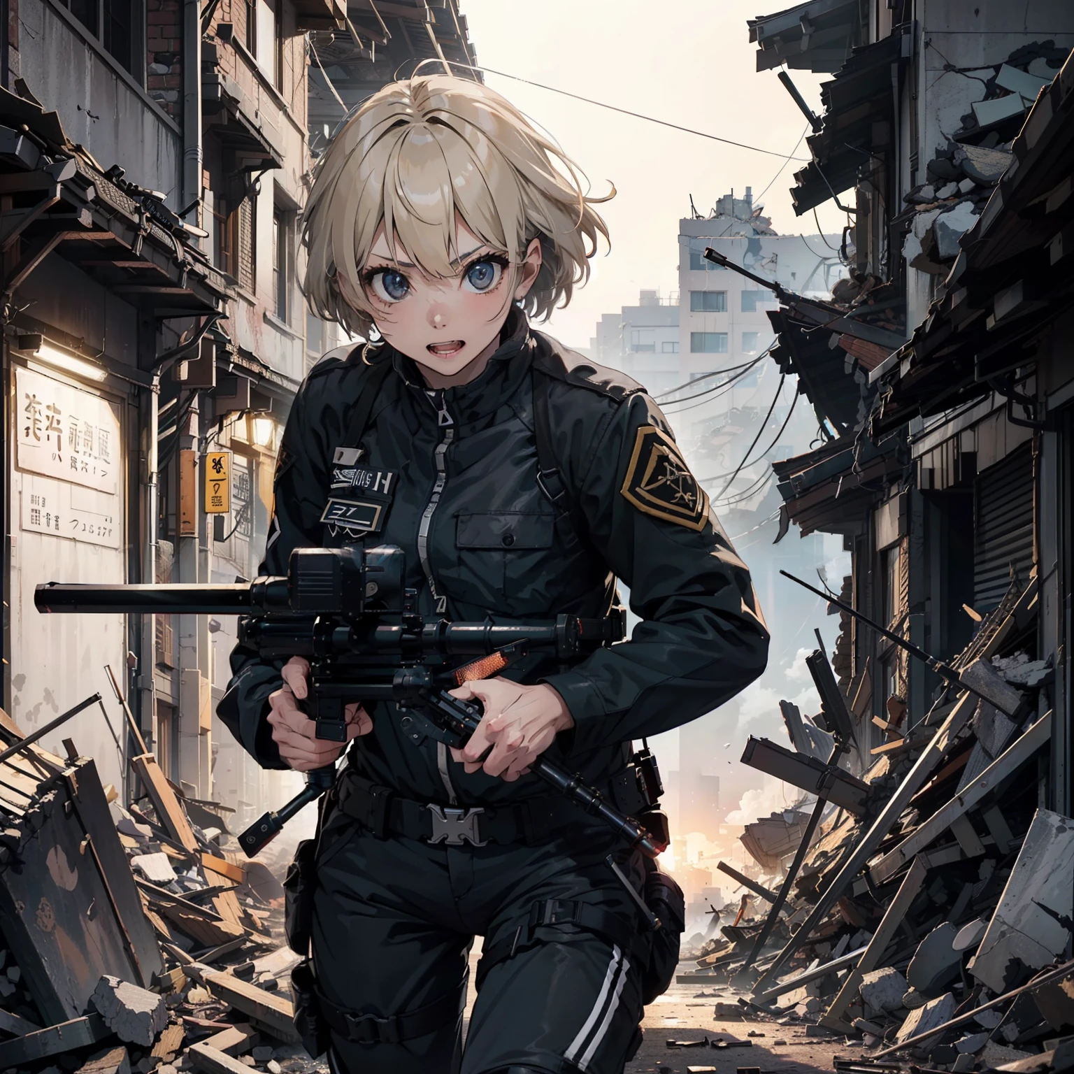 (Female soldier with well-trained body)、((Shoot with a sniper rifle:1.4))、1 Women、(Black combat uniform)、(platinum-blonde-hair:1.2)、clenching teeth、Have multiple weapons、((Running through the rubble))、((超A high resolution))、Detail Write、​masterpiece、top-quality、extremely details CG、8K picture quality、Cinematographic lighting、lensflare、(Night street battles:1.4)、Hyper-detailing、Remnants of enemy weapons、((cowboy  shot:1.4))、Detailed firearm depiction、Rifle with perfect detail、Perfect barrel that does not distort、(zoomed:1.4)、Scattered empty cartridge cases