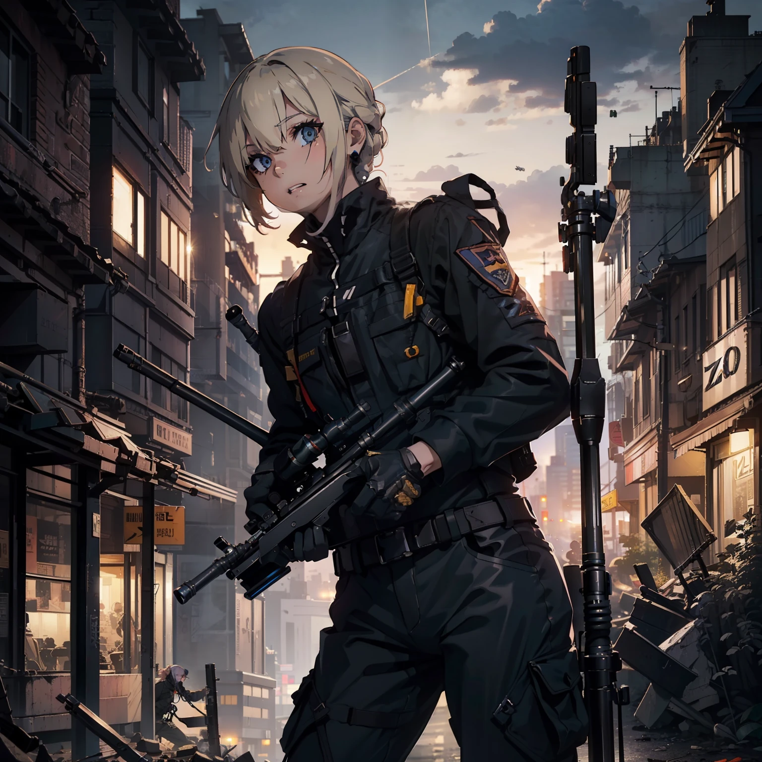 (Female soldier with well-trained body)、((Hold up your sniper rifle and shoot:1.4))、1 Women、(Black combat uniform)、(platinum-blonde-hair:1.2)、Clenching teeth、Have multiple weapons、((超A high resolution))、Detail Write、​masterpiece、top-quality、extremely details CG、8K picture quality、Cinematographic lighting、lensflare、(City at night:1.4)、Hyper-detailing、Robot wreckage、((cowboy  shot:1.4))、Detailed firearm depiction、Rifle with perfect detail、Perfect barrel that does not distort、(zoomed:1.4)、Scattered empty cartridge cases