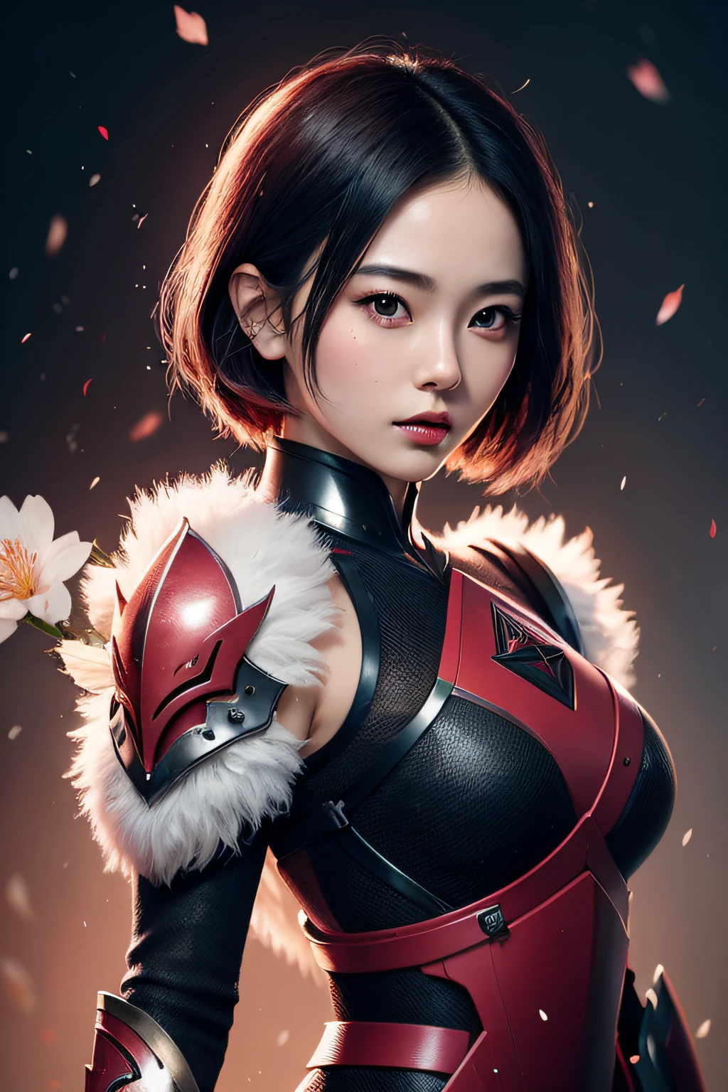 beautiful japanese young woman, wearing ninja armor, thick symmetrical features, very short hair, background is cherry blossoms, pink aura, red lips, octane render,