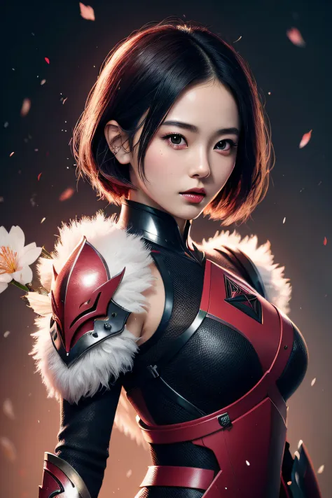 beautiful japanese young woman, wearing ninja armor, thick symmetrical features, very short hair, background is cherry blossoms,...