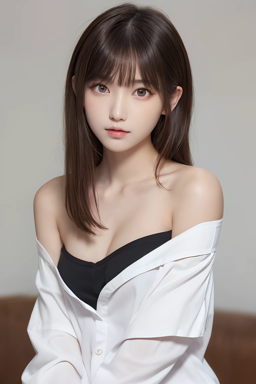 masutepiece, Best Quality, One girl, (Beautiful Girl:1.3), (18 years old:1.3), Very fine eye definition, (Symmetrical eyes:1.3), (white shirt, off-shoulder:1.2), Beautiful breasts, Brown eyes, Parted bangs, Brown hair