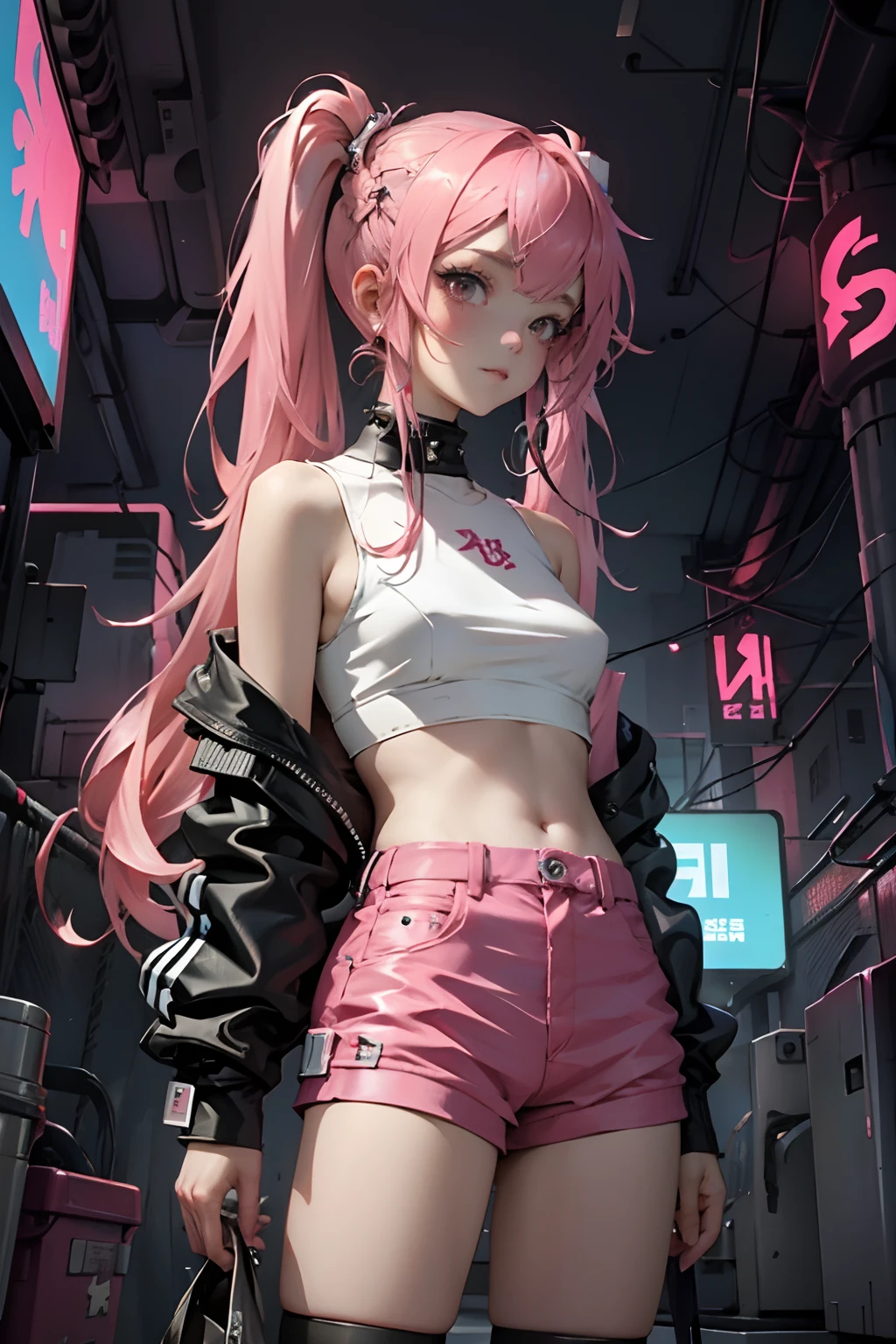 Beautiful woman pink twin tail long hair、cyberpunk style short clothes、gazing at viewer、front facing、