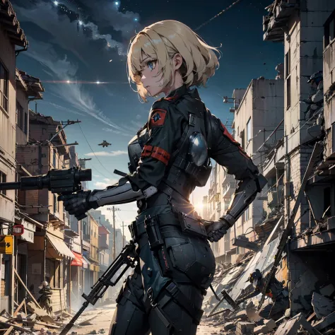 (female soldier with well-trained body)、(((destroy enemy robots))),(((shooting with a machine gun in both hands:1.4)))、1 female ...