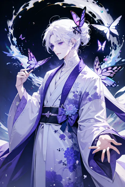 White-haired fairy，cool guy，purple robes，Hair flutters，butterflys，Purple eye，gentleness