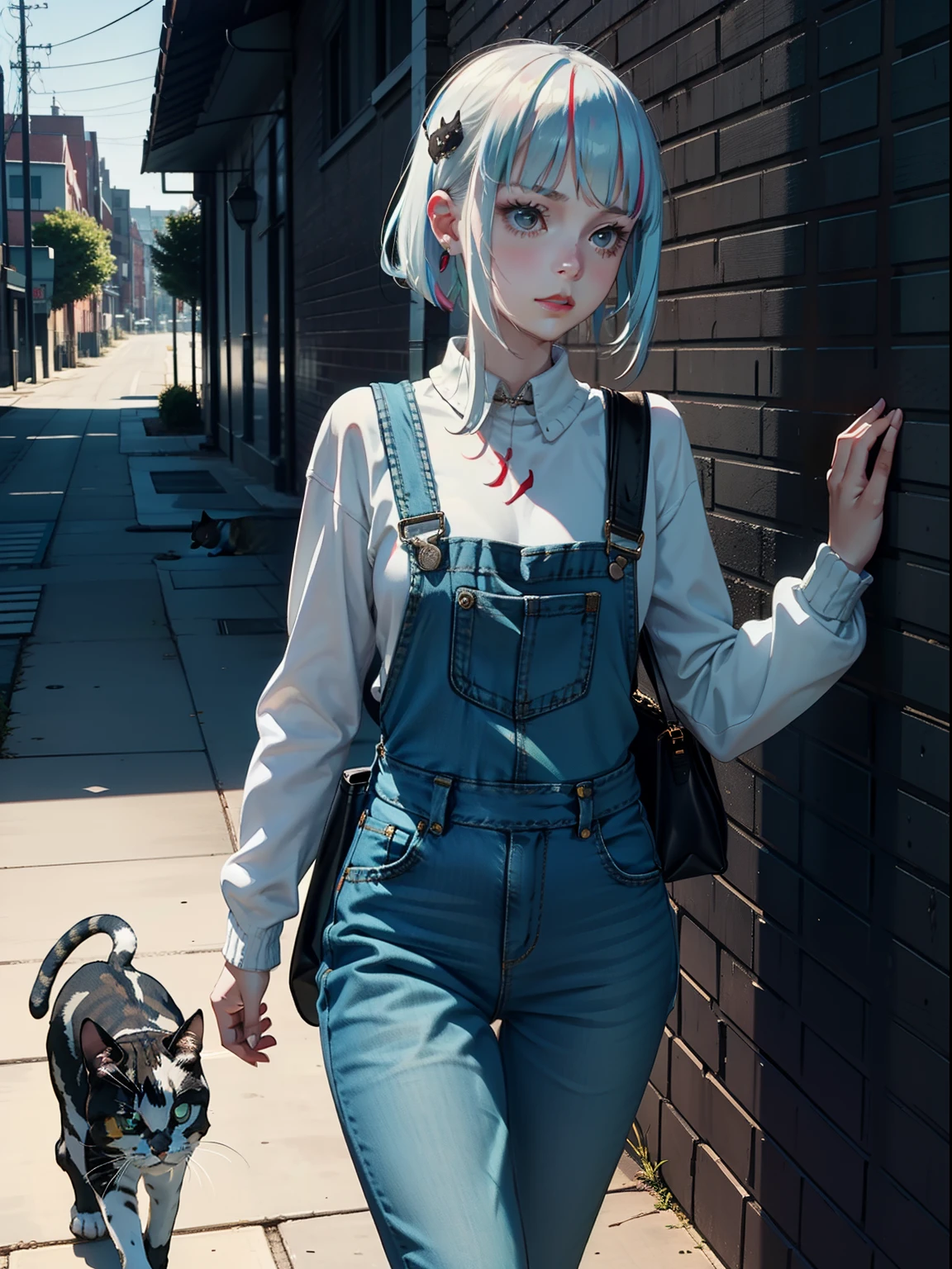 So a young girl in a black denim overalls over a white sweater walks along a brick fence following the movements of a cat walking in front of her.  The events happen in the fall period.  Top Quality, 8k ((Masterpiece: 1.3))