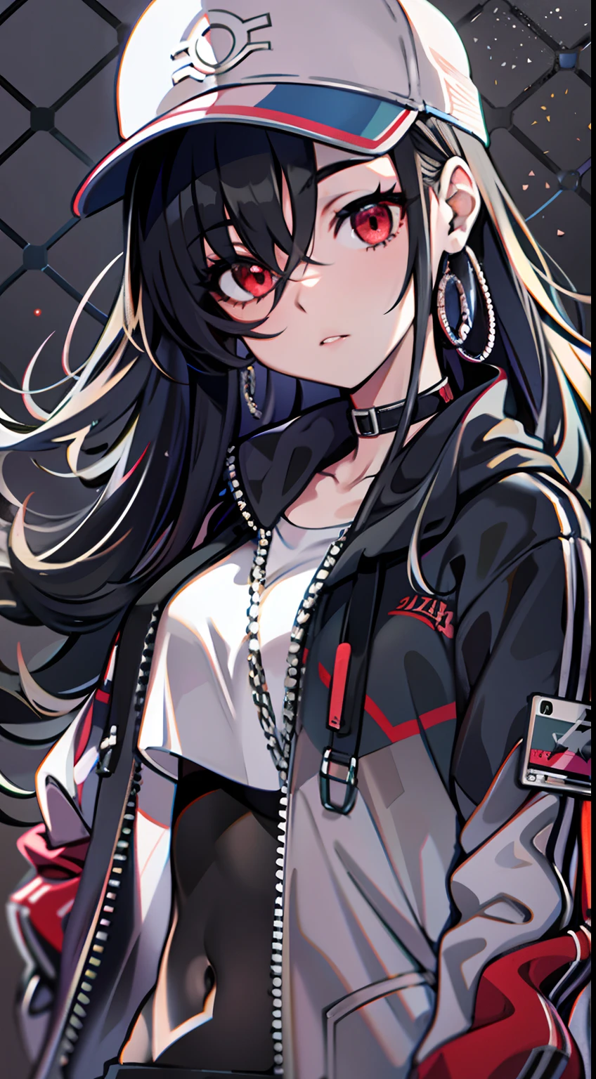 upper body, 1woman, black hair, Long Haired, red eyes, (streetwear style), black jacket, big breats, wallpaper, Chain background, light particles, (masterpiece), best quality, Top Quality, pale white skin, solo, black cap, midriff