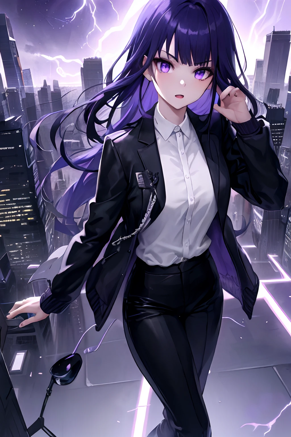 masterpiece, best quality, raiden shogun \(genshin impact\), (purple hair), medium_breast, purple_eyes, (1girl), perfect lightning, mature female, beautiful face, detailed face, detailed eyes, 8k, looking at viewer, black jacket, (white shirt), black long pants, city, pose, black tie, tie, jacket with fur, night, science fiction, dark purple strip light, future city, futuristic city, dark purple light, serious, dark purple dominance, purple moon, moon, head-mounted display,