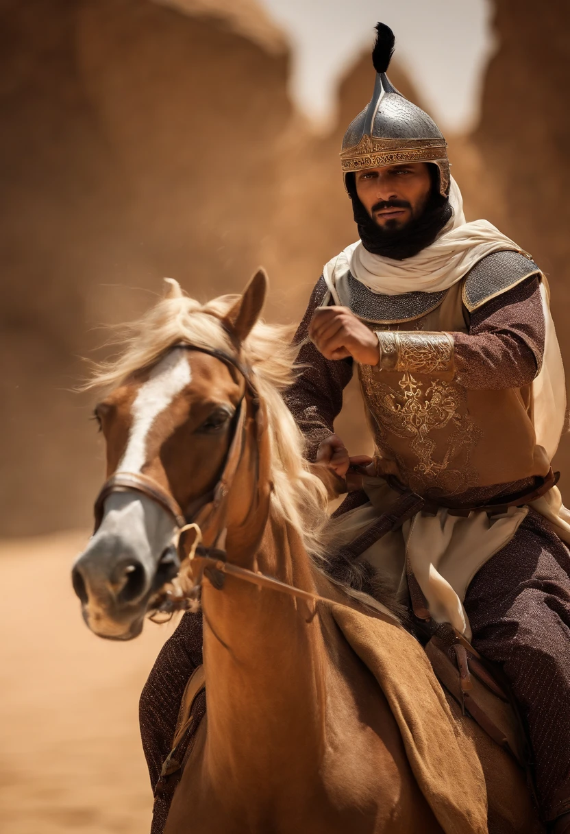 Arafed man in a medieval outfit riding a horse in the desert - SeaArt AI