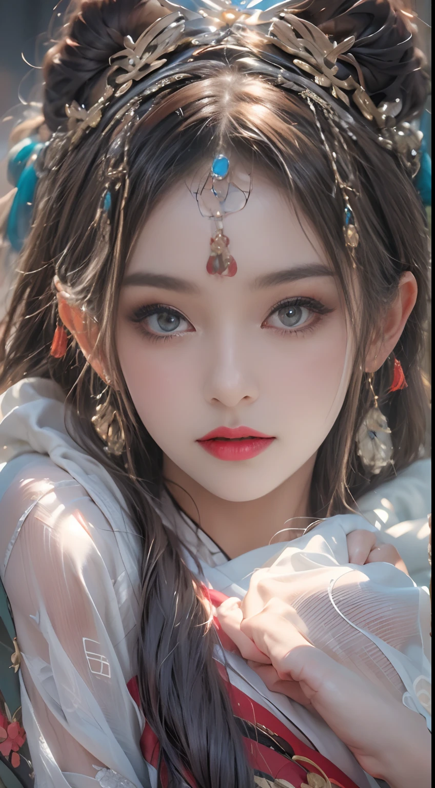 Photorealistic, high resolution, 1 woman, Hips up, Beautiful eyes, Long hair, ringed eyes, jewelry, tattoo, Hanfu, Chinese fairy, Taoist uniform