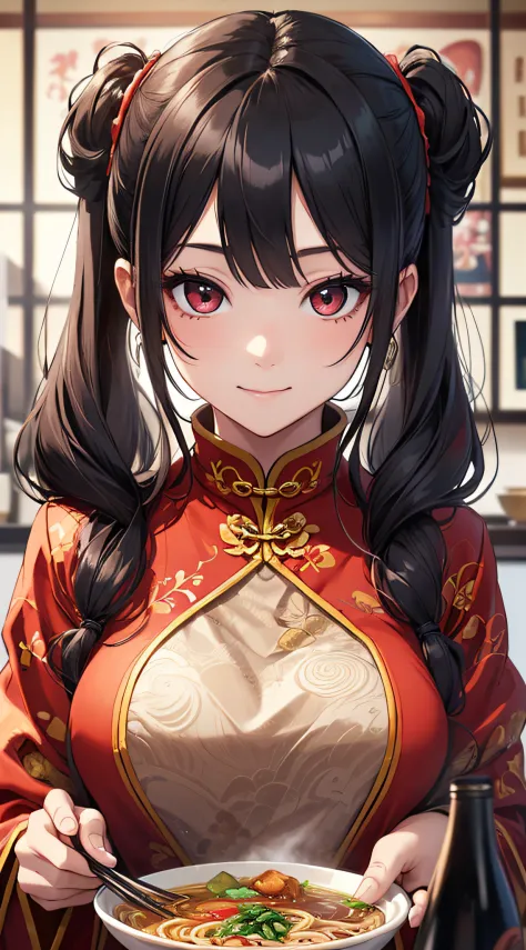 top-quality、Top image quality、​masterpiece、girl with((18year old、Red cheongsam、Best Bust、Bust 90、Twintails with black hair、Red Eyes、open chest wide、Valley、Happiness、A slender、ssmile,fighting poses、Offering tea)）hiquality、Beautiful Art、Background with((Beau...