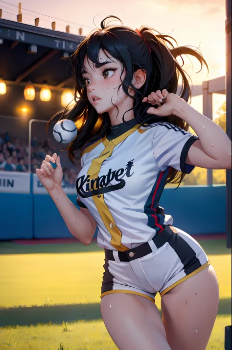 (Best Quality,8K,hight resolution,masuter piece:1.2),Ultra-detailed,Realistic:1.37,Portrait,Dynamic Angle,Women's Softball Players,Teenage girl,small head,Cute,Sporty,Charming face,Detailed beauty face,Very realistic skin,Wet skin,Sweat,Large breasts,Narro...
