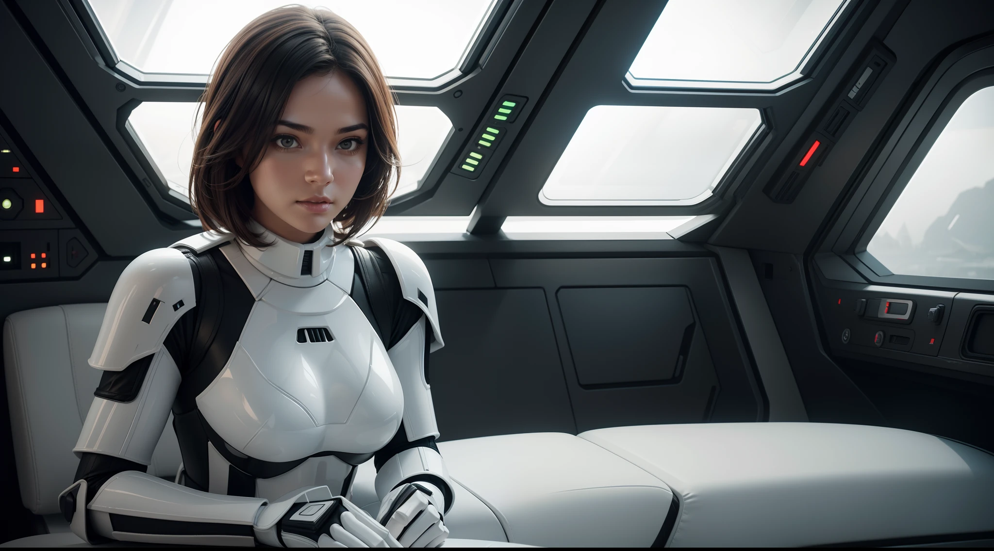 Arafed female in a futuristic suit sitting in a vehicle - SeaArt AI