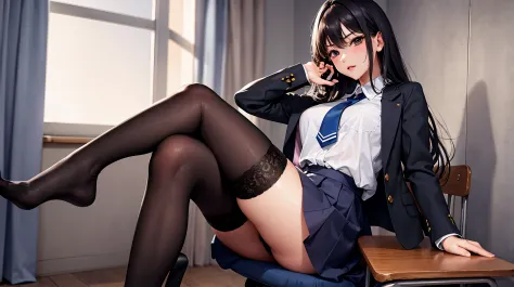 top-quality、​masterpiece、UHD image quality、Ultimate Beauty、A dark-haired、high-school uniform、school classrooms、Sitting on a chair、Wearing stockings