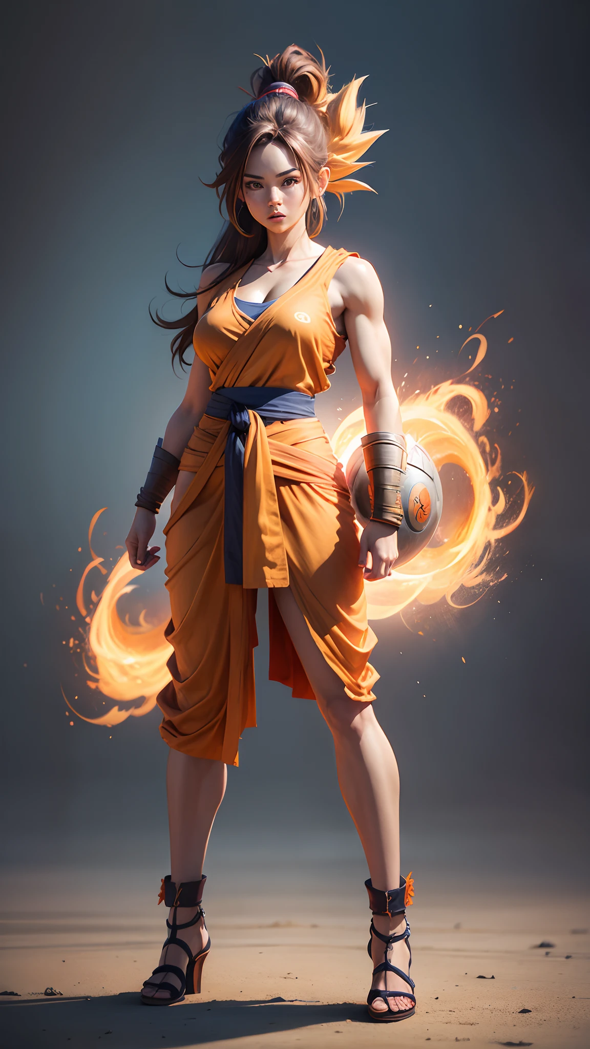 A woman in an orange dress holding a ball with fire coming out of her -  SeaArt AI