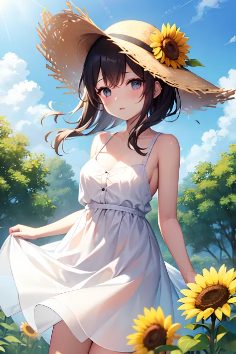 a female with hat in flower fields, white dress, light hair, 1girl, sunflower, outdoors, hat, flower, solo, dress, day, white dr...