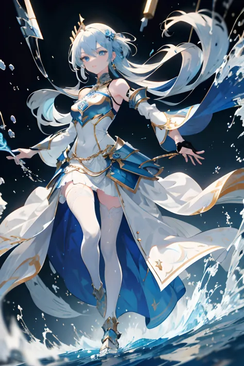 (masterpiece), (best quality), beautiful face, perfect face, slim waist, stunning figure, one girl, fire sparks on left side, long hair, white hair with blue accent line, blue eyes, blue hair tie, white detached sleeves, feet armor, high heels, white skirt...