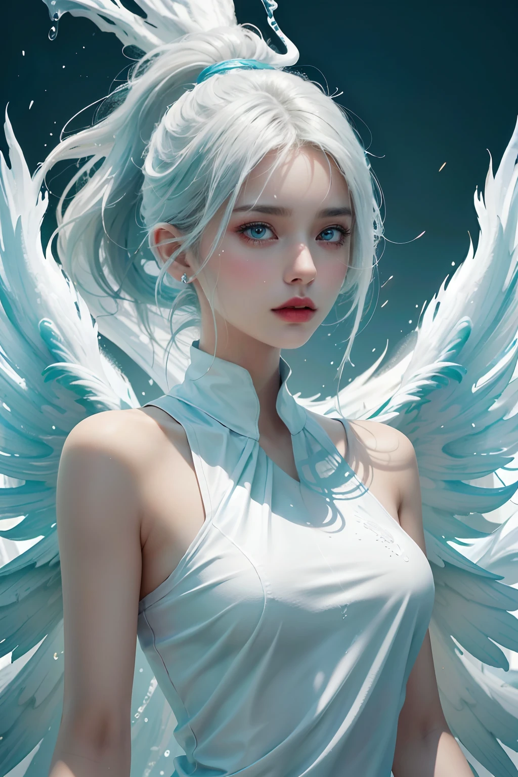 (masterpiece, best quality:1.2), 8k, 85mm, raw photo, absurdres, white and cyan theme, (liquid clothes, liquid dress:1.4), white hair, gradient dress, delicate girl, upper body, close up face, shiny skin, teen, looking at viewer, HDR, sharp focus, particle, twilight sky, detailed eyes and face, white background, simple background