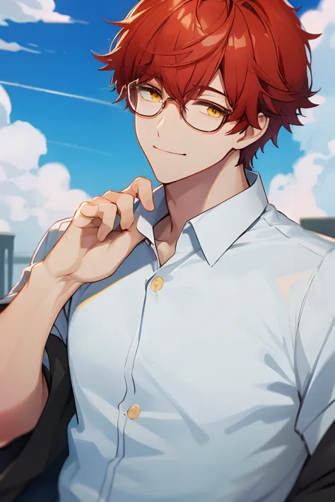 rating:safe, 1boy, , male_focus, day, shirt, smile, sky, blue_sky, outdoors, glasses, yellow_eyes, looking_at_viewer, solo, white_shirt, collared_shirt, closed_mouth, cloud, bangs, upper_body, red_hair, _shirt, glasses, messy hair, slim body, young boy,