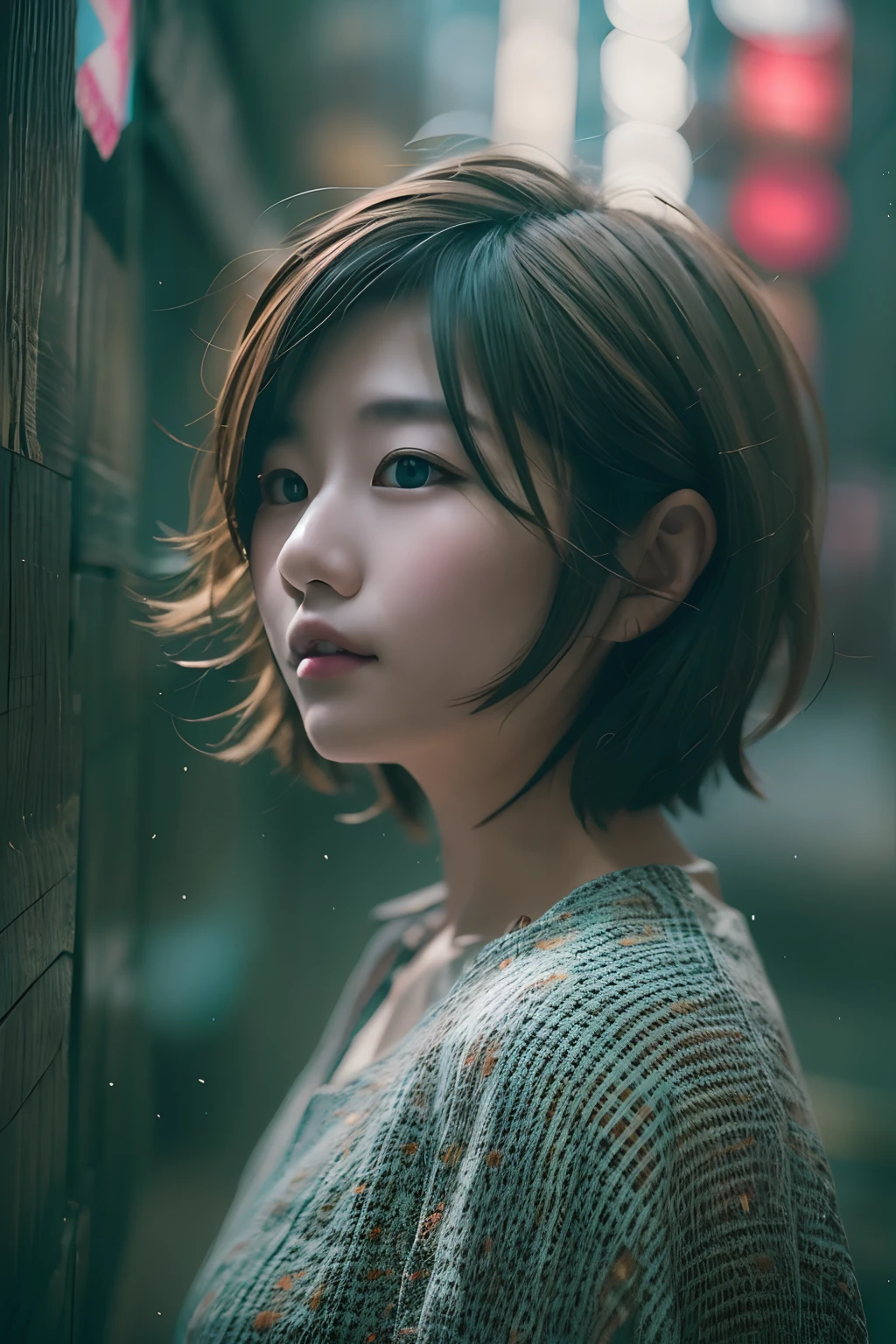 Digitales Portrait einer kurzhaarigen Frau aus Japan, schönes Gesicht,Haare unordentlich,Verworren, filmisch, Unreal Engine 5, eine wunderschöne, Unglaubliche Farbkorrektur, , Fotografie, Filmische Fotografie, Kunst von、ssmile