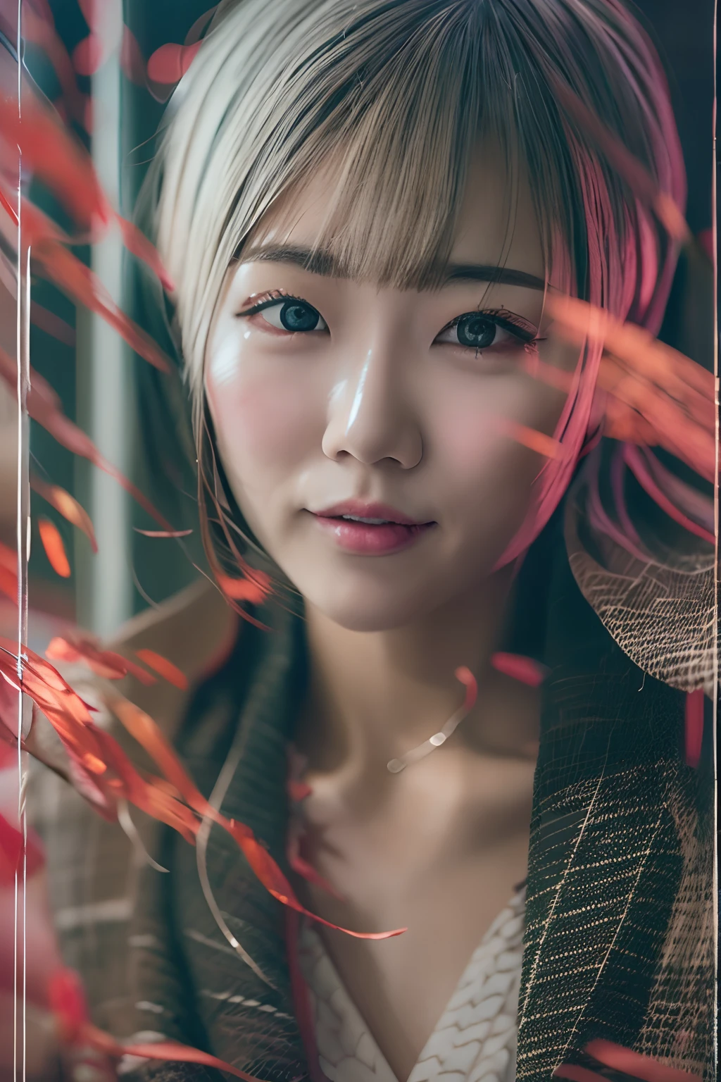 Digitales Portrait einer kurzhaarigen Frau aus Japan, schönes Gesicht,Haare unordentlich,Verworren, filmisch, Unreal Engine 5, eine wunderschöne, Unglaubliche Farbkorrektur, , Fotografie, Filmische Fotografie, Kunst von、ssmile