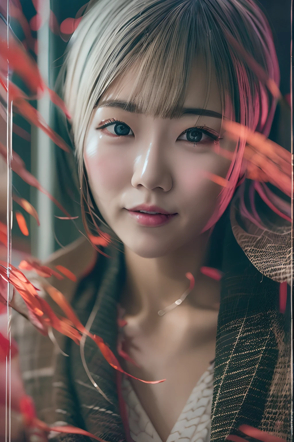 Digital portrait of Japan short-haired woman, Beautiful face,hair messy,Convoluted, Cinematic, unreal enginee 5, a gorgeous, Incredible color grading, , Photography, cinematic photography, art by、ssmile