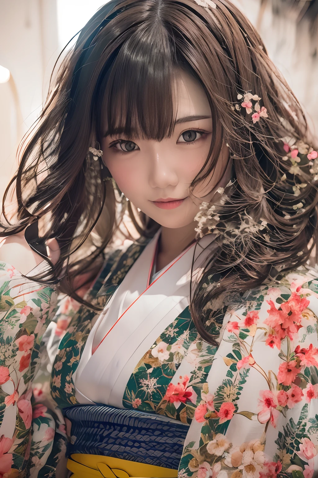 Цифровой портрет японской короткошерстной женщины, Красивое лицо,волосы грязные,запутанный, Кинематографический, Унреальный движок 5, великолепный, Невероятная цветокоррекция, кимоно,японское платье,также, фотография, кинематографическая фотография, искусство、улыбка