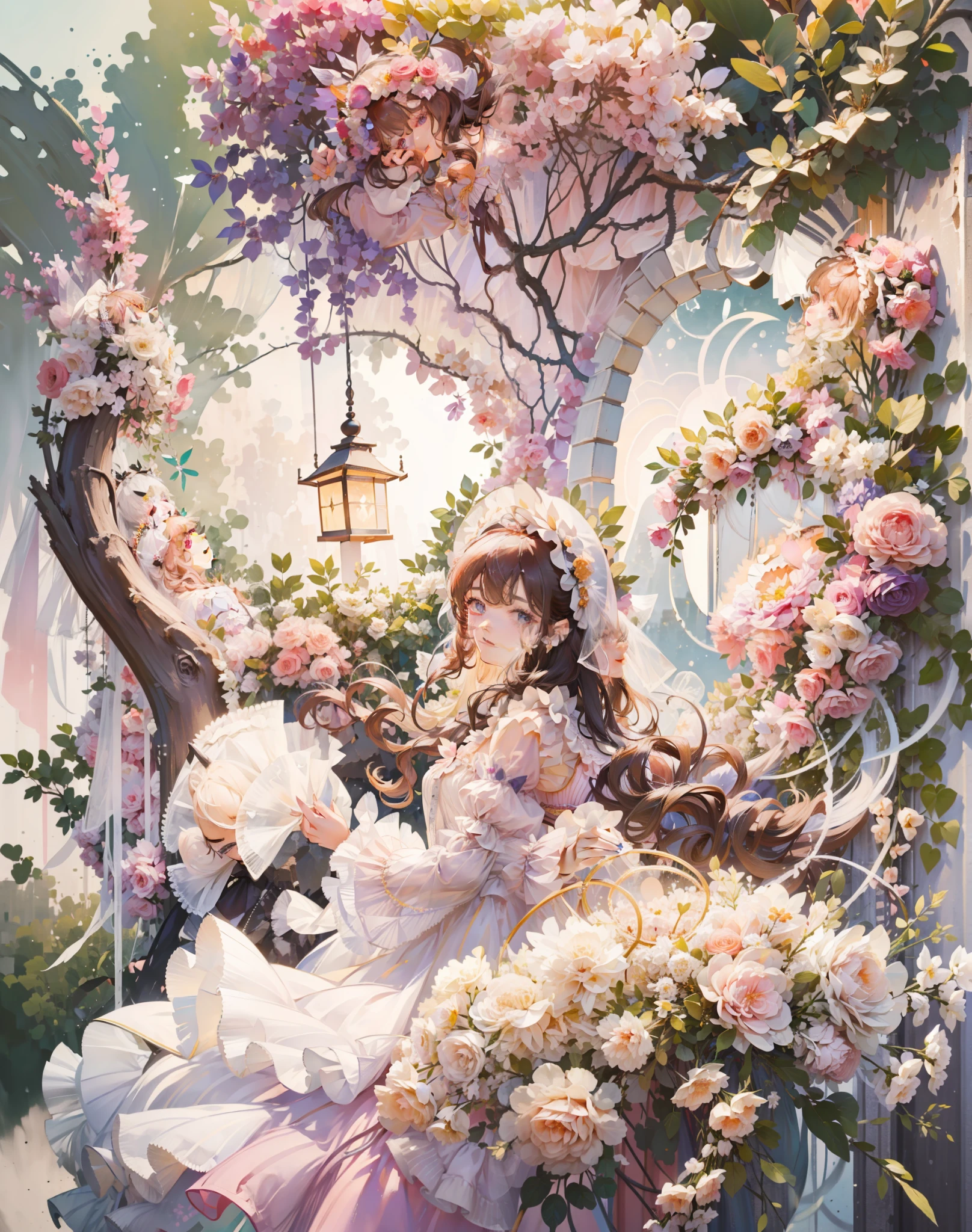 (Extremely delicate and beautiful:1.5),1 girl in European dream garden，full bodyesbian，Sweet face，Light smile，By bangs, Gemstone eyes, Contre-Jour，Long curly hair, Lolita dress, brown  hair, seen from the side, Lanterns, light particules, longer sleeves, looking at viewert，pink bows，独奏