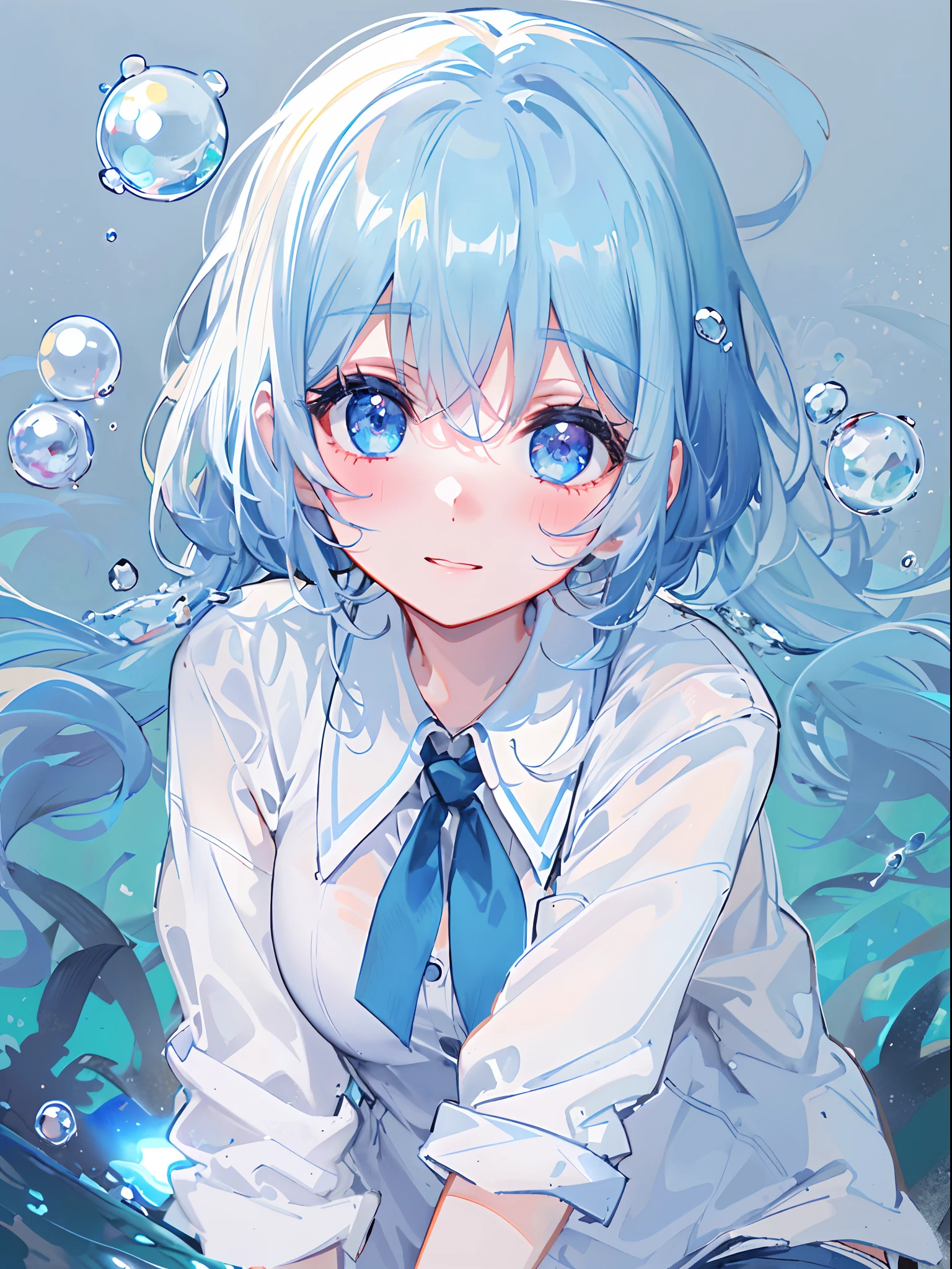 Anime girl with blue hair and blue tie sitting on the ground - SeaArt AI