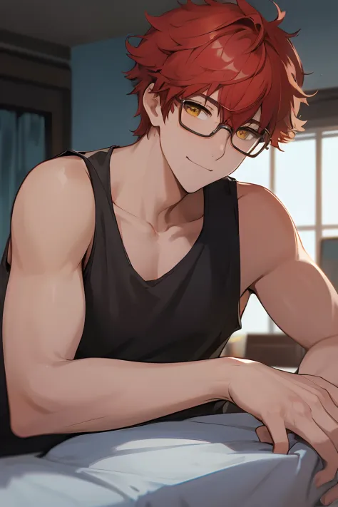 rating:safe, 1boy, , male_focus, indoors, smile, sky, bedroom, glasses, yellow_eyes, looking_at_viewer, solo, closed_mouth, bangs, upper_body, red_hair, _shirt, glasses, messy hair, slim body, young boy, black tank top, lying on back, facing viewer