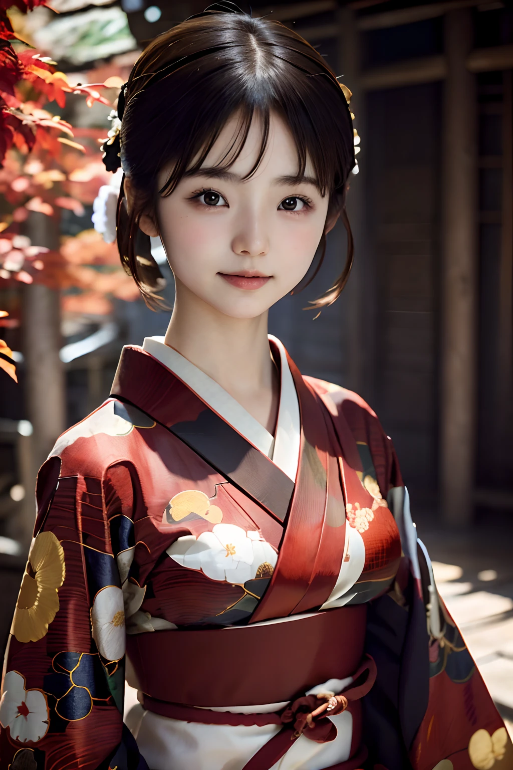 日本短发女性的数字肖像, 漂亮的脸蛋,头发凌乱,错综复杂, 電影, 虚幻引擎5, 华丽的, 令人难以置信的色彩分级, 和服,日式服饰,还有, 摄影, 电影摄影, 艺术来自、微笑