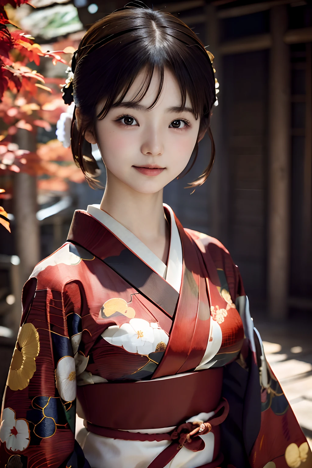 Retrato digital de uma mulher japonesa de cabelos curtos, rosto bonito,cabelo bagunçado,Convoluto, Cinematic, Motor irreal 5, um lindo, Classificação de cores incrível, quimono,Vestido japonês,Hakama, fotografia, Fotografia Cinematográfica, arte por、sorria