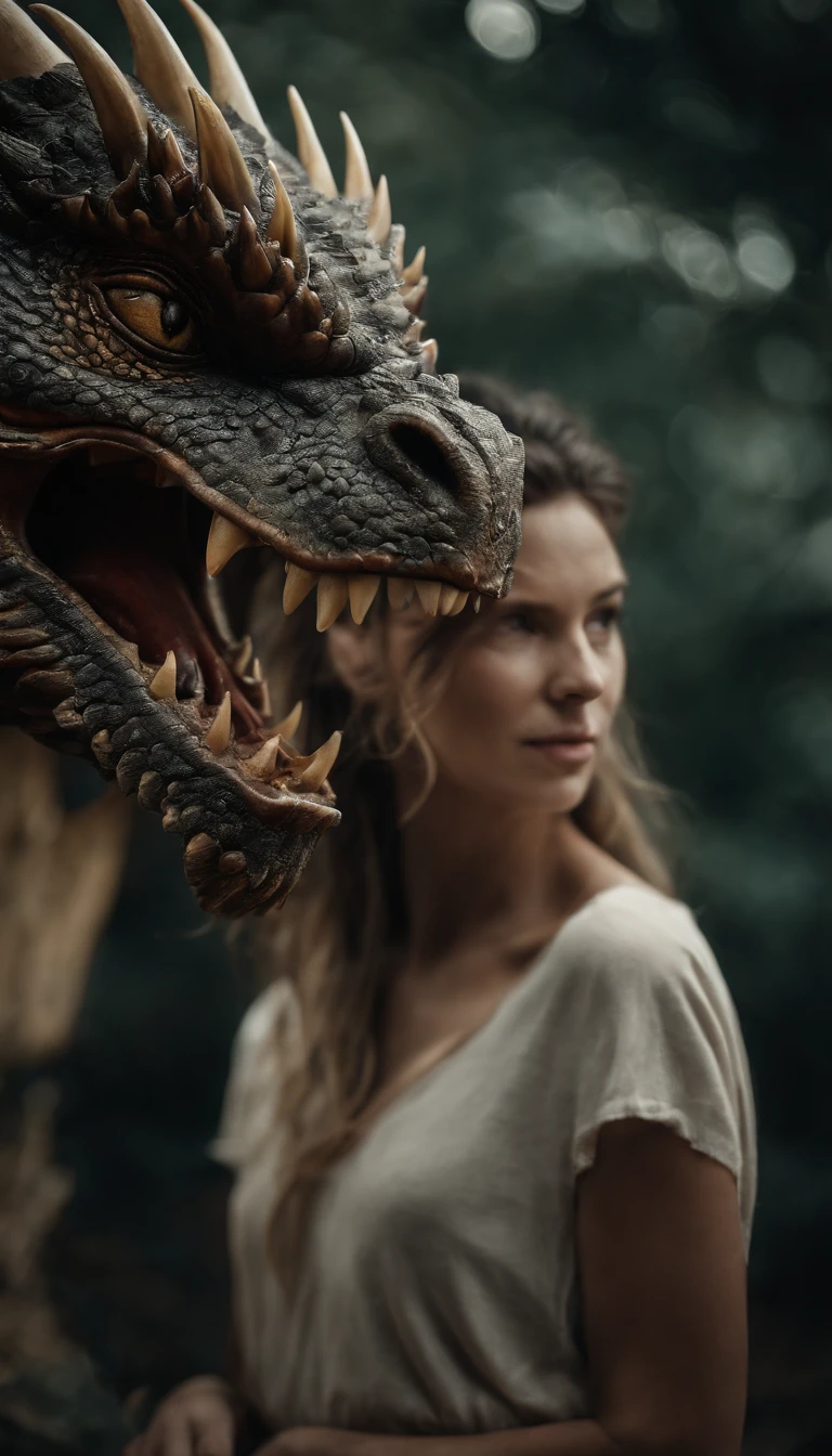 Un dragón gigantesco mirando a una mujer.