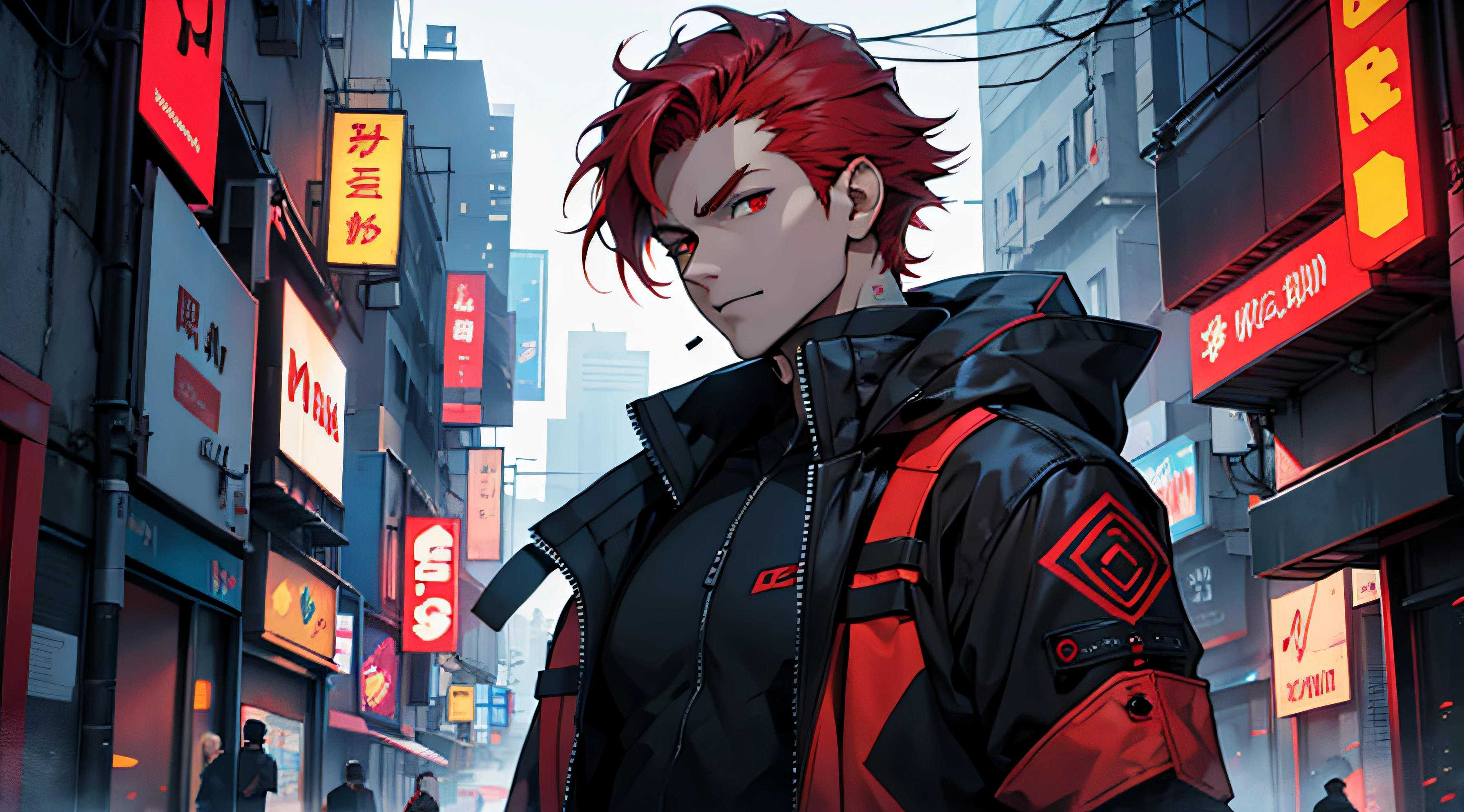 Anime character in a red and black jacket standing in a city - SeaArt AI