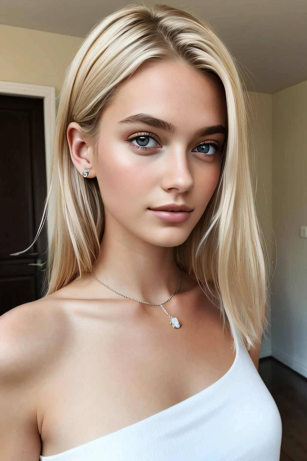 1fille dans, 19 ans, seulement, cheveux longs, Colossal, Regarder le spectateur, cheveux blonds, bare shoulders, yeux bruns, bijoux, corps entier, un collier, off shoulders, Chandails, Realstic, Un sexy