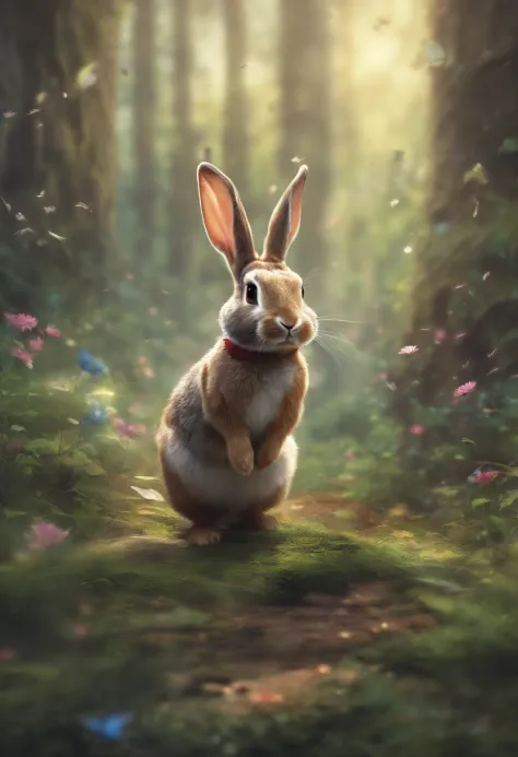 A rabbit, walking in the forest, many birds, many animals, happy, happy, perfect quality, clear focus (clutter - house: 0.8), (masterpiece: 1.2) (Realistic: 1.2) (Bokeh) (Best quality) ( Detailed Skin: 1.3) (Intricate Detail) (8K) (Detail Eyes) (Crisp Focu...