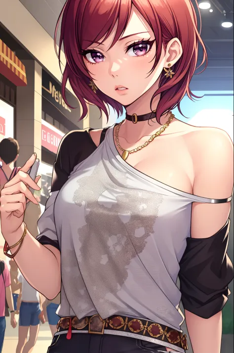 (masterpiece), (best quality), nishikino maki, short hair, hair bun, perfect lighting, stylish, single bare shoulder shirt long,...