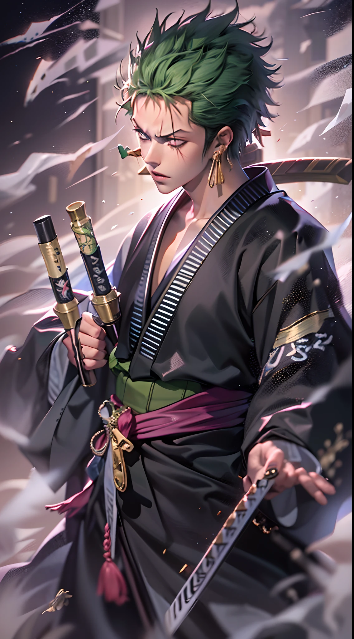 Personnage d&#39;anime aux cheveux verts avec une cicatrice sur l&#39;œil gauche, con 3 épées legendarias(3 épées)(dénicher),kimono,Japonais,espadas legendarias Japonaisas,3 boucles d&#39;oreilles en or,( Roronoa Zoro), une pièce, Illustrations HD, Beau garçon dans l&#39;art Demon Slayer, Anime dur à cuire 8K, Illustration de Kentaro Miura, Okab Rintarou, pixiv, art d&#39;anime numérique avancé », fanart de haute qualité, Fanarts, par Shitao, Kakyoin