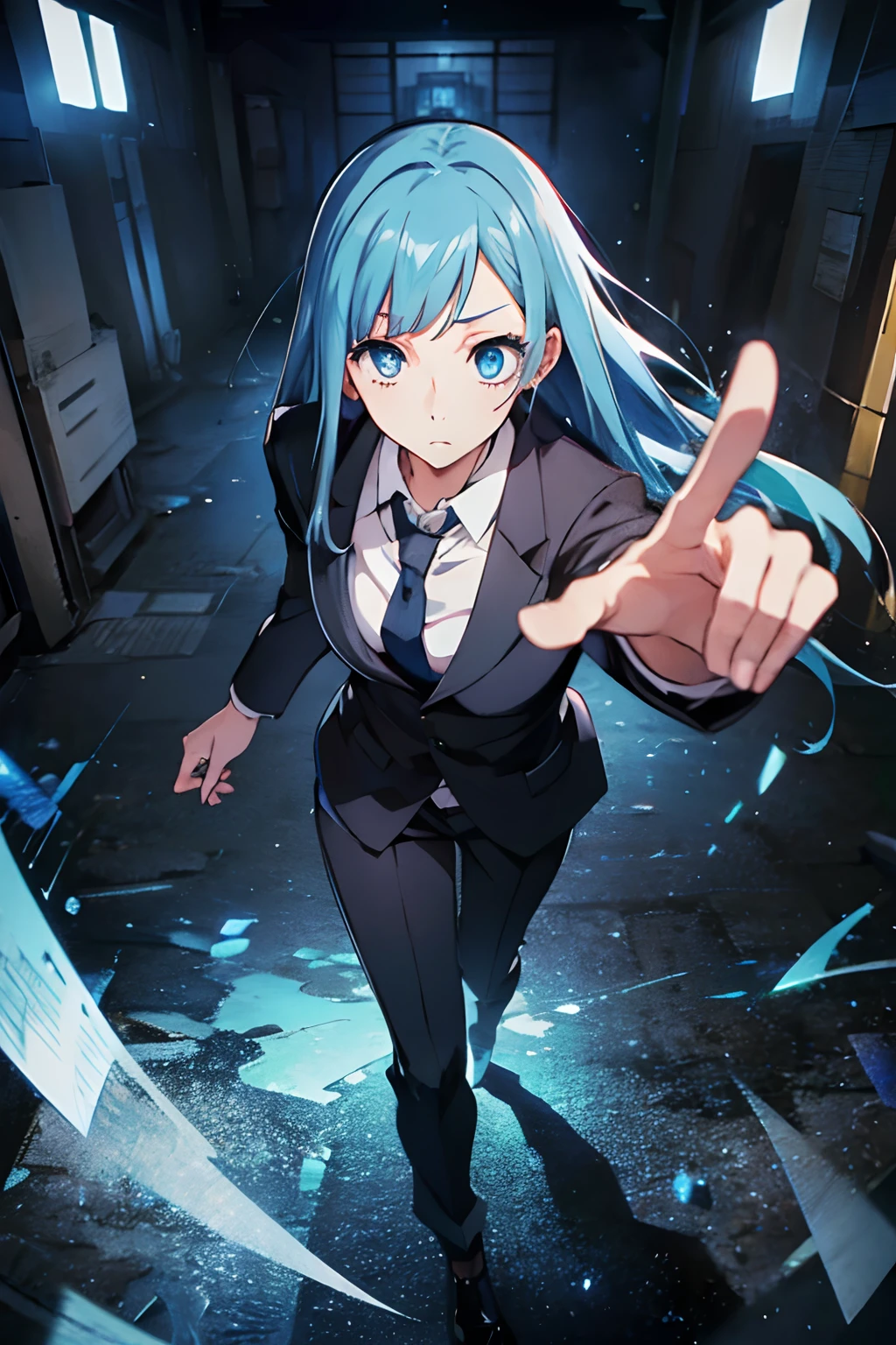 miwakasumi, Eyes, Blue hair, Long hair, Breaking a tie, Black suit，trouser，BREAK looking at viewer, Full body, Break indoors, crass room, BREAK (masutepiece:1.2), Best Quality, High resolution, Unity 8k壁纸, (Illustration:0.8), (Beautiful detailed eyes:1.6), extra detailed face, Perfect Lighting, extremely details CG, (Perfect hands, Perfect Anatomy)