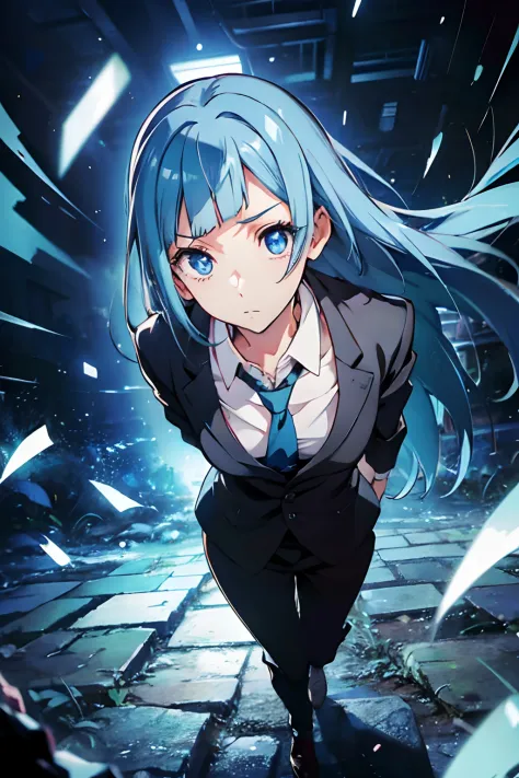 miwakasumi, eyes, blue hair, long hair, breaking a tie, black suit，trouser，break looking at viewer, full body, break indoors, cr...