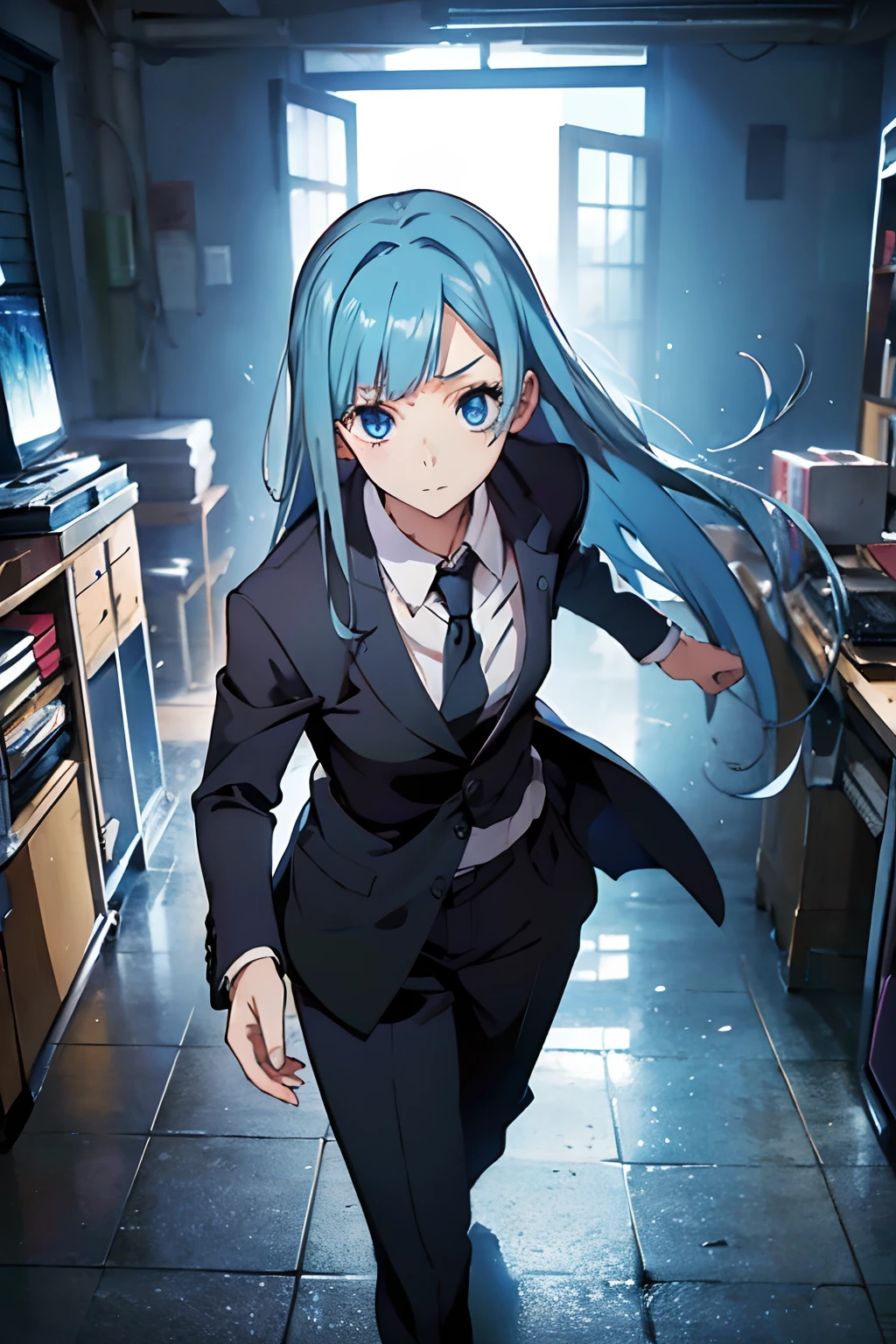 miwakasumi, Eyes, Blue hair, Long hair, Breaking a tie, Black suit，trouser，BREAK looking at viewer, Full body, Break indoors, crass room, BREAK (masutepiece:1.2), Best Quality, High resolution, Unity 8k壁纸, (Illustration:0.8), (Beautiful detailed eyes:1.6), extra detailed face, Perfect Lighting, extremely details CG, (Perfect hands, Perfect Anatomy)