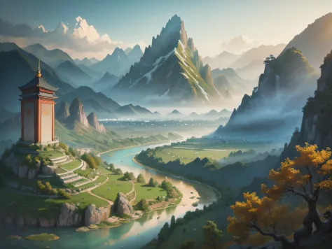 painting of a landscape with a river and mountains in the background,  ancient city landscape, , Beautiful rendering of the Tang Dynasty, Detailed scenery —width 672,  realistic painting of a complex, ancient china art style