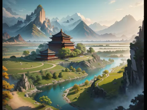 painting of a landscape with a river and mountains in the background,  ancient city landscape, , Beautiful rendering of the Tang Dynasty, Detailed scenery —width 672,  realistic painting of a complex, ancient china art style