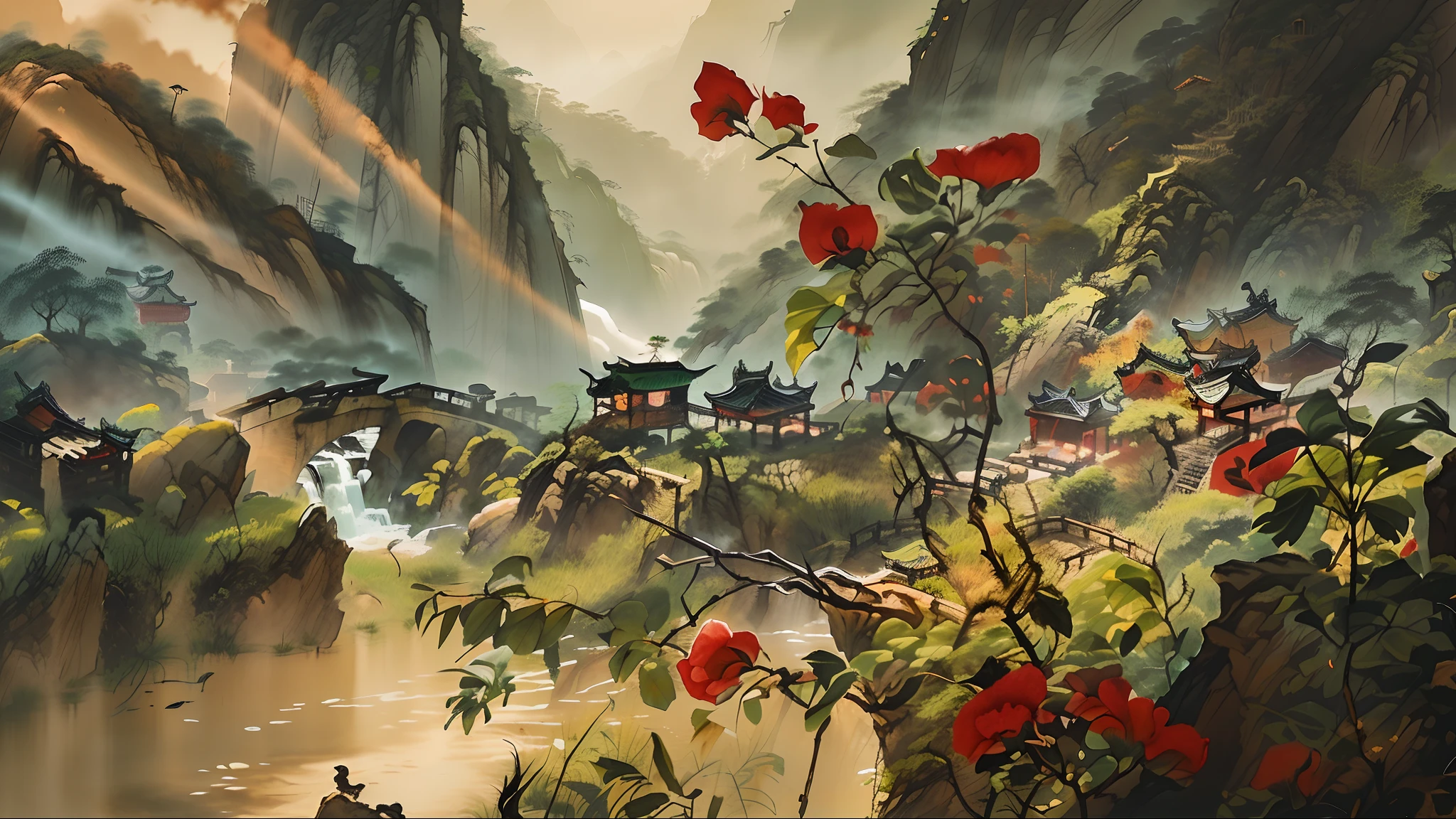 (Ultra wide-angle lens), (Best masterpiece), 8K, An ancient Chinese town nestled in mountains and hills, with lush trees, verdant leaves, murmuring streams. The visuals are exquisite and beautiful, brimming with sunshine.(white background:1 .5),white background,outside border