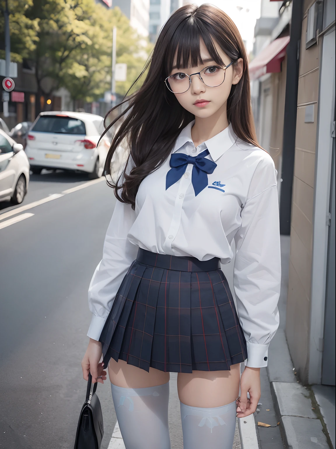 Arafed asian woman in a skirt and glasses standing on a street - SeaArt AI