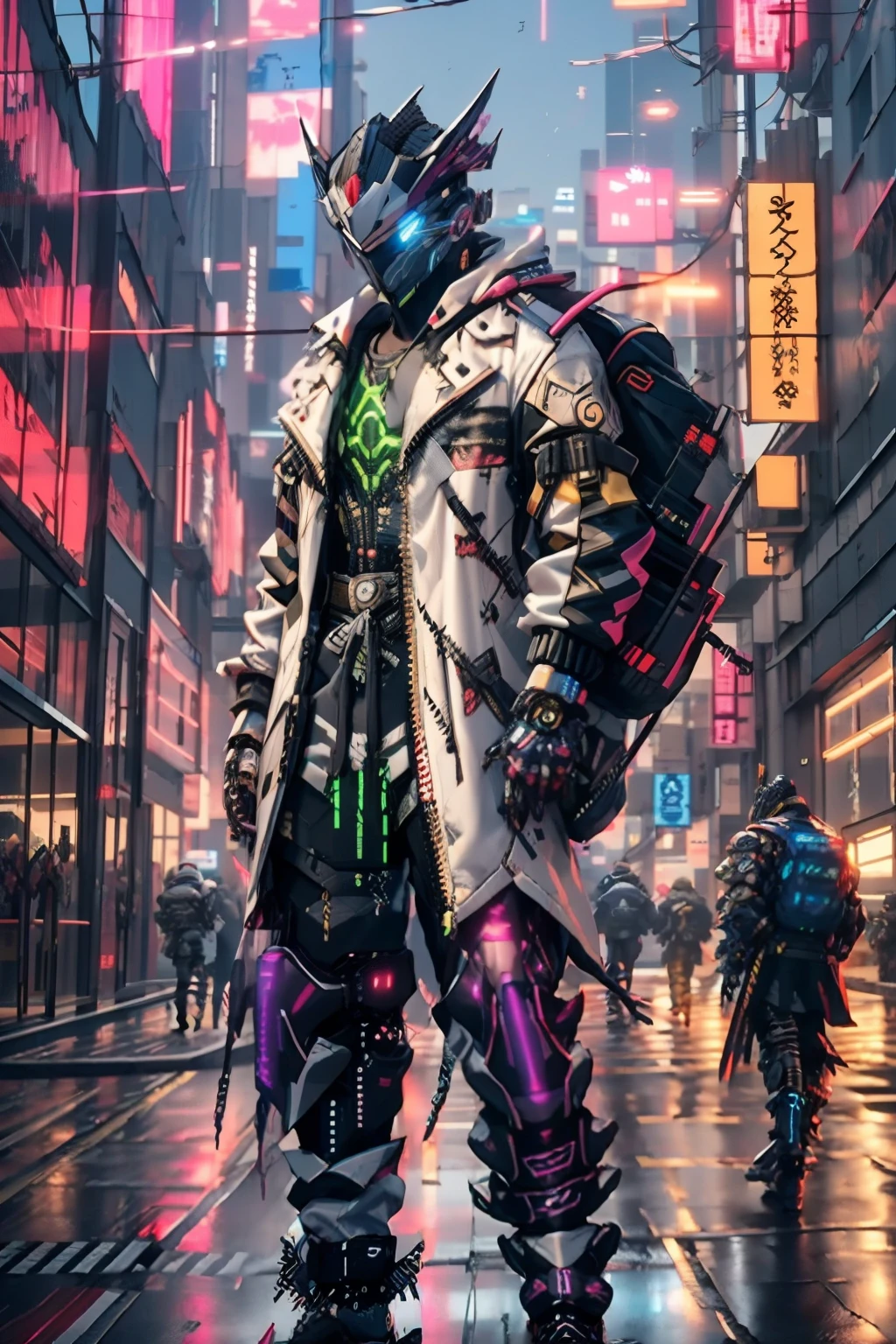 there is a man in a black and green outfit with a backpack, cyberpunk streetwear, cyberpunk suit, cyberpunk street goon, cyberpunk wearing, cyberpunk techwear, muted cyberpunk style, has cyberpunk style, style of cyberpunk, wearing cyberpunk streetwear, cyberpunk soldier, hyper-realistic cyberpunk style, cyberpunk character design, all black cyberpunk clothes, crow in cyber armour, cyberpunk clothes