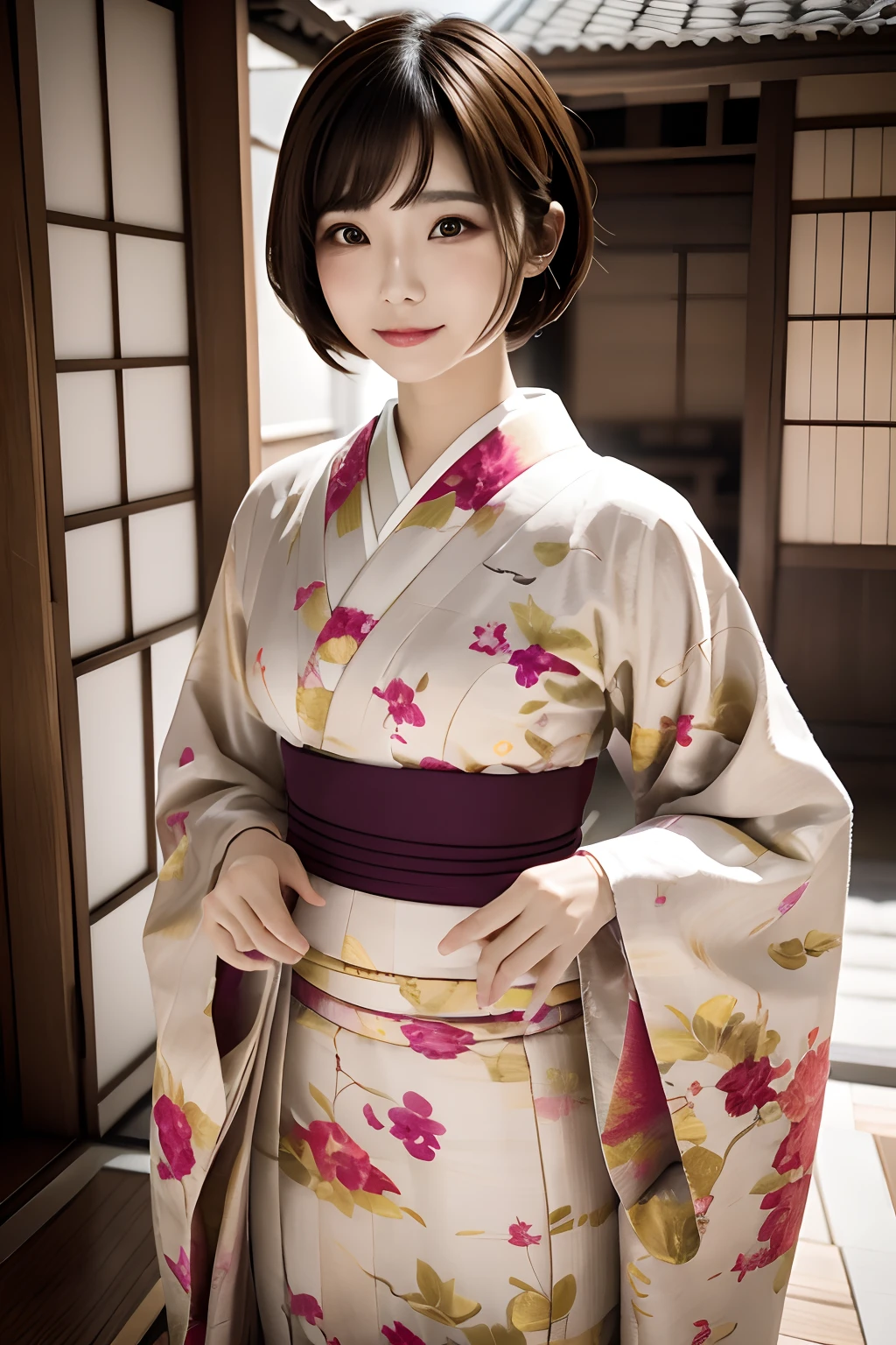 Retrato digital de uma mulher japonesa de cabelos curtos, rosto bonito,cabelo bagunçado,Convoluto, Cinematic, Motor irreal 5, um lindo, Classificação de cores incrível, quimono,Vestido japonês,Hakama, fotografia, Fotografia Cinematográfica, arte por、sorria