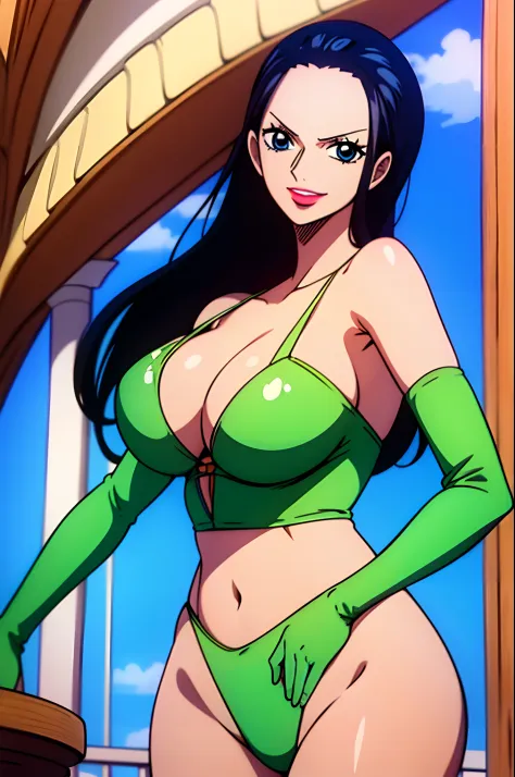 Nico Robin of One Piece wears a tight green bikini, Dynamic posture, happy face, On a yacht, Shiny white skin, Exciting situation, eyes blue, high quality eyes, Puffy red lips, High quality lips, large ass, big tits, Ass Show, Best Quality.